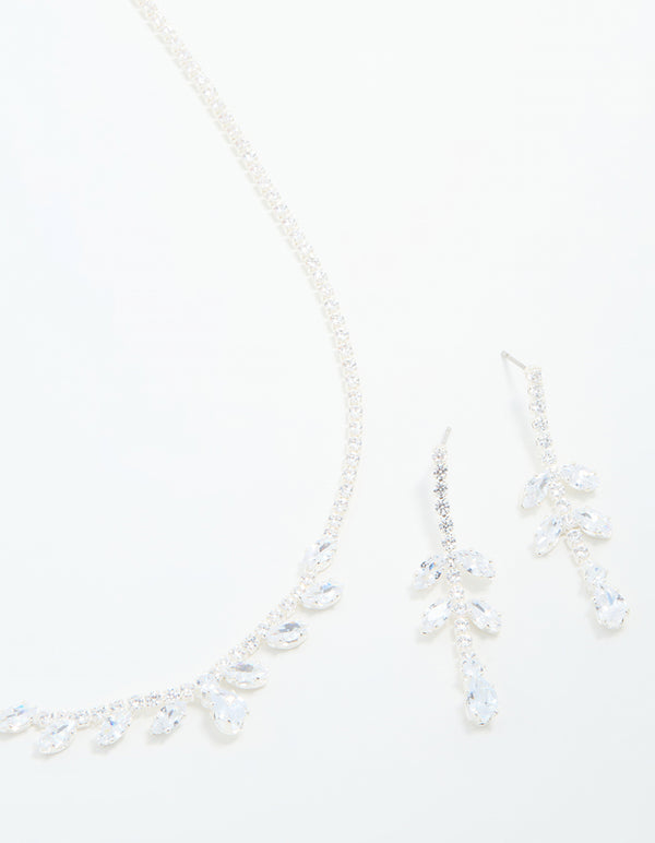 Silver Cubic Zirconia Navette Leaf Necklace & Earrings Set