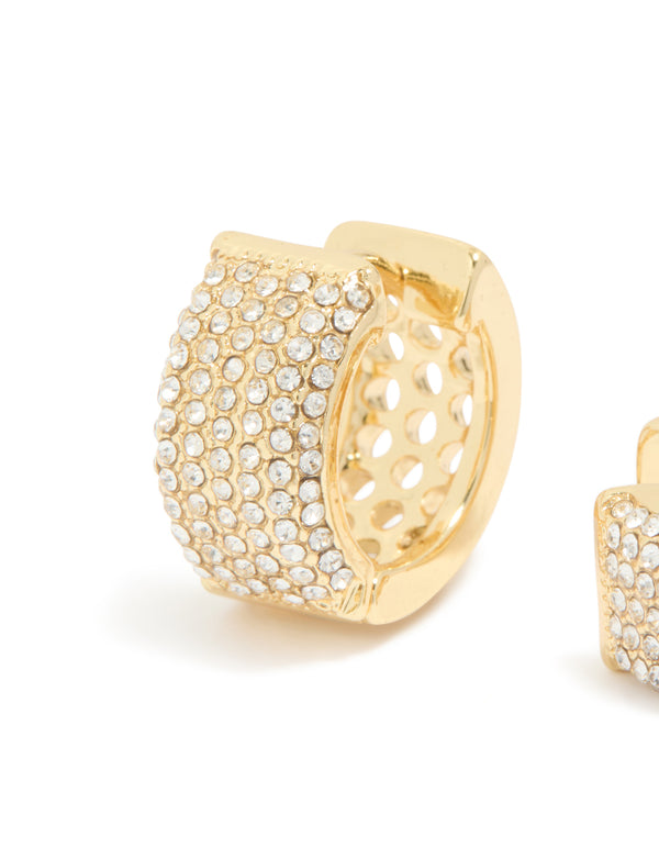 Gold Plated Diamante Pave Medium Huggie Earrings