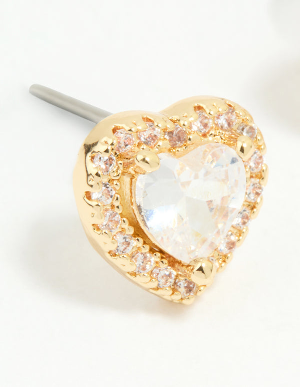 Gold Plated Cubic Zirconia Halo Heart Stud Earrings