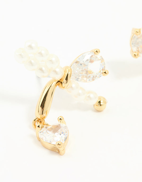 Gold Plated Cubic Zirconia & Pearl Bow Stud Earrings