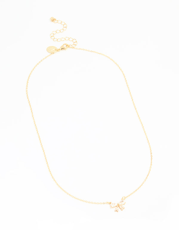 Gold Plated Cubic Zirconia Small Bow Pendant Necklace