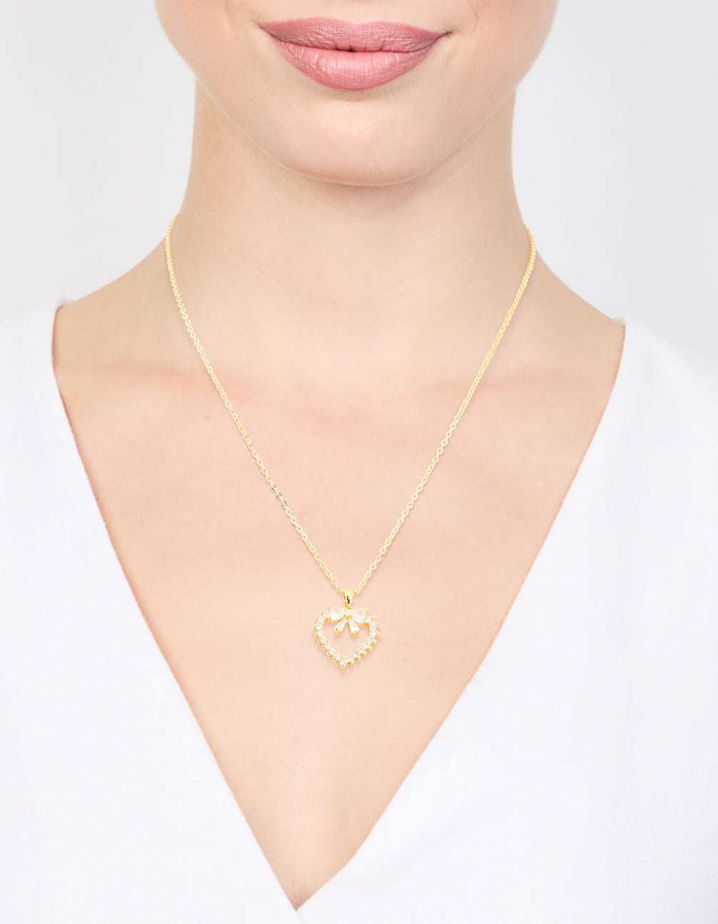 Gold Plated Cubic Zirconia Heart & Bow Pendant Necklace