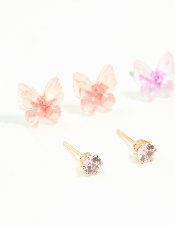 Gold Diamante & Butterfly Stud Earrings 8-Pack