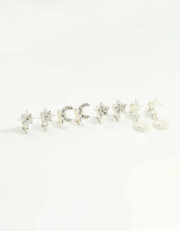 Silver Star & Moon Clip-On Earrings 4-Pack
