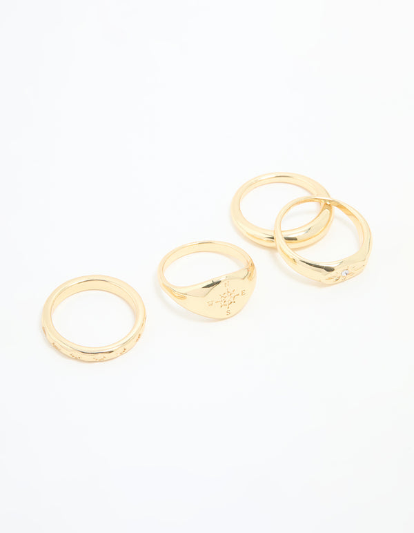 Gold Plated Compass & Star Stacking Rings 4-Pack