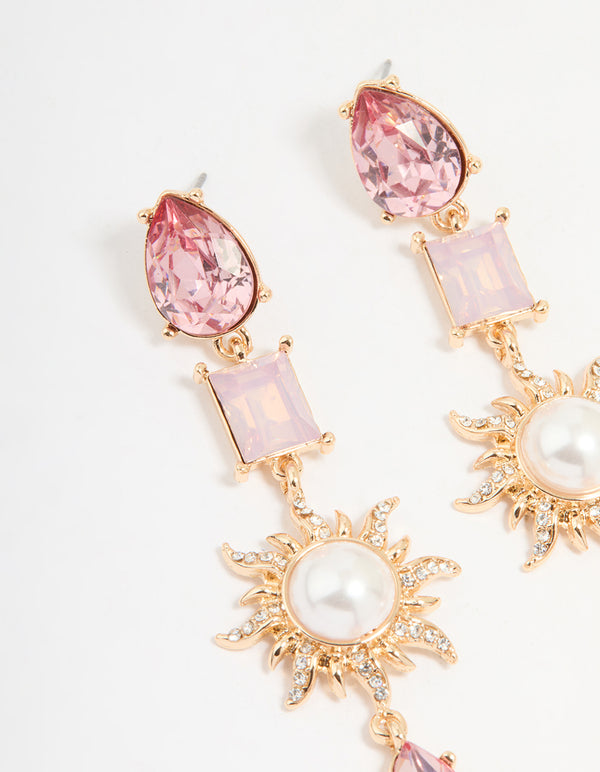Gold Pink Diamante & Pearl Sun Drop Earrings
