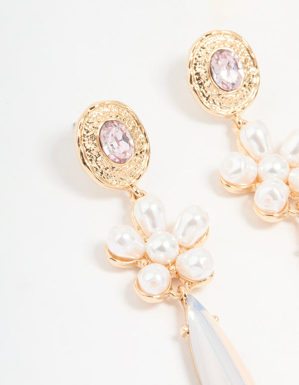 Gold Pearl & Flower Drop Earrings