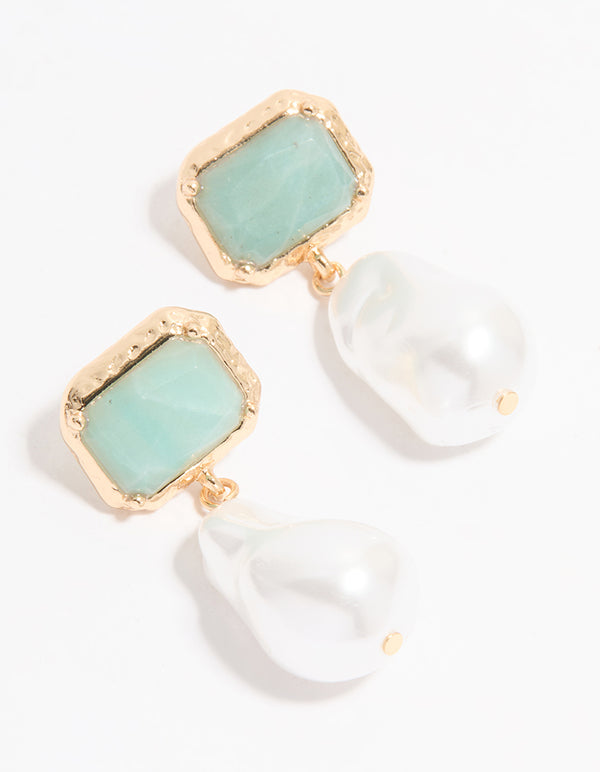 Gold Pearl & Blue Rectangle Stone Drop Earrings