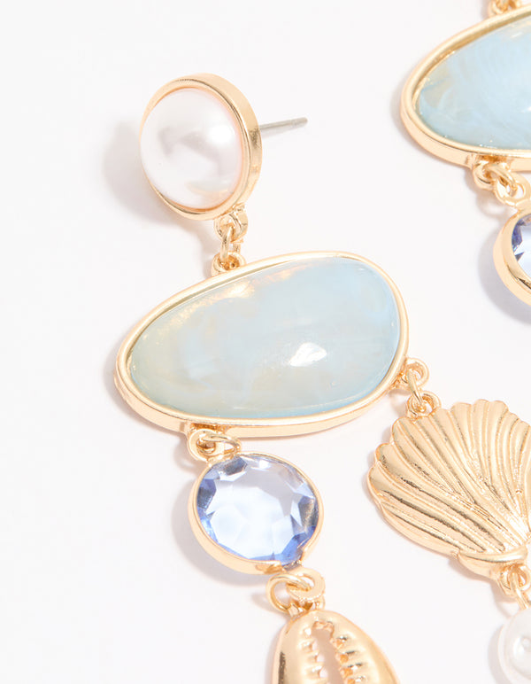Gold Blue Marble & Shell Mobile Drop Earrings
