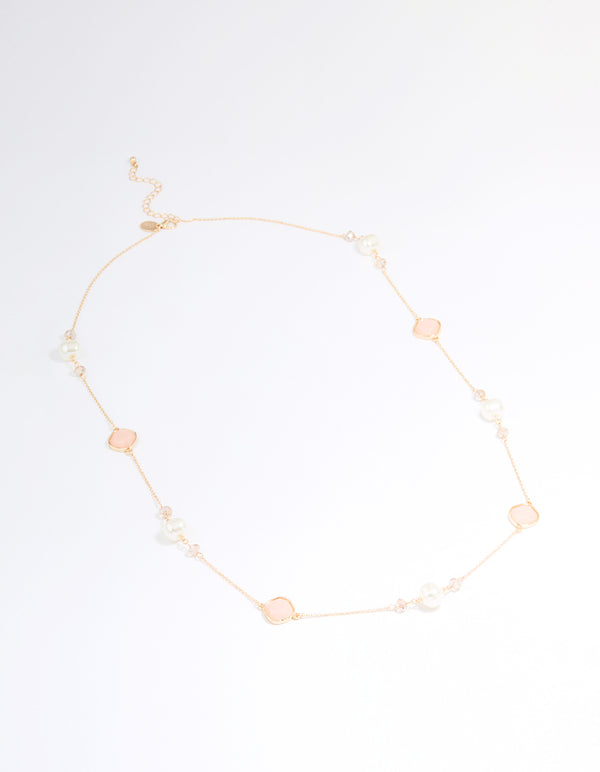 Gold Pink Beaded Mixed Long Necklace