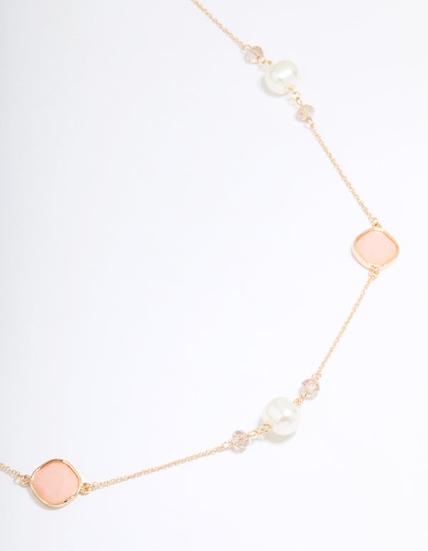 Gold Pink Beaded Mixed Long Necklace