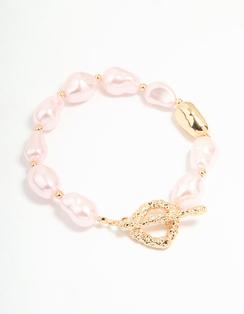 Gold Irregular Pink Pearl Textured T & O Bracelet