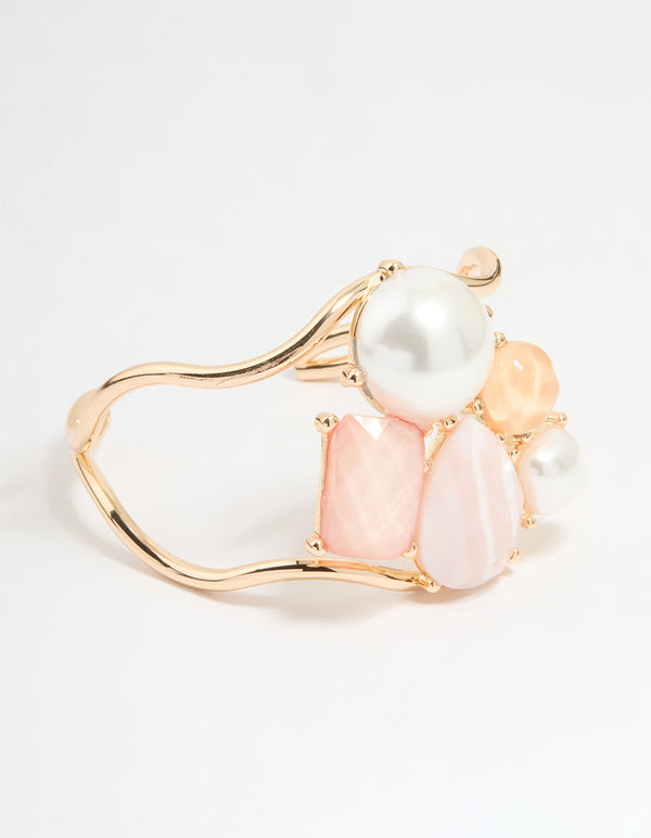 Gold Pink & Orange Gem Pearl Wrist Cuff