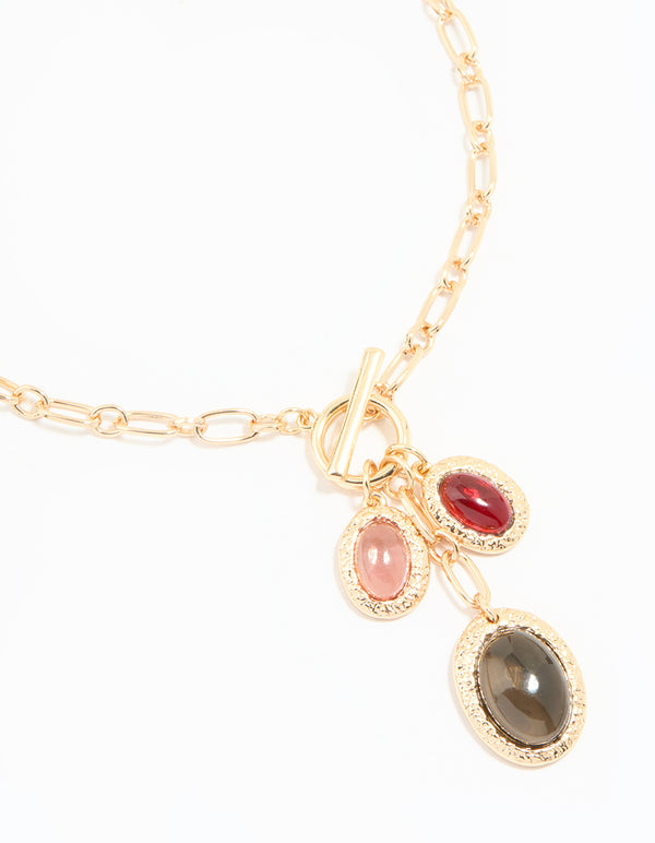 Gold Green Red & Pink Gemstone Charm Necklace