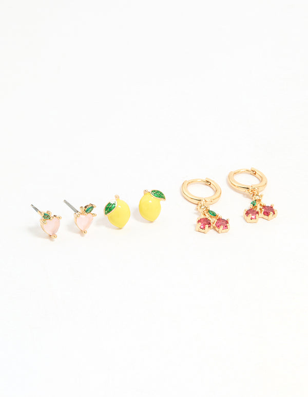 Gold Enamel Mixed Fruit Stud Earrings 3-Pack