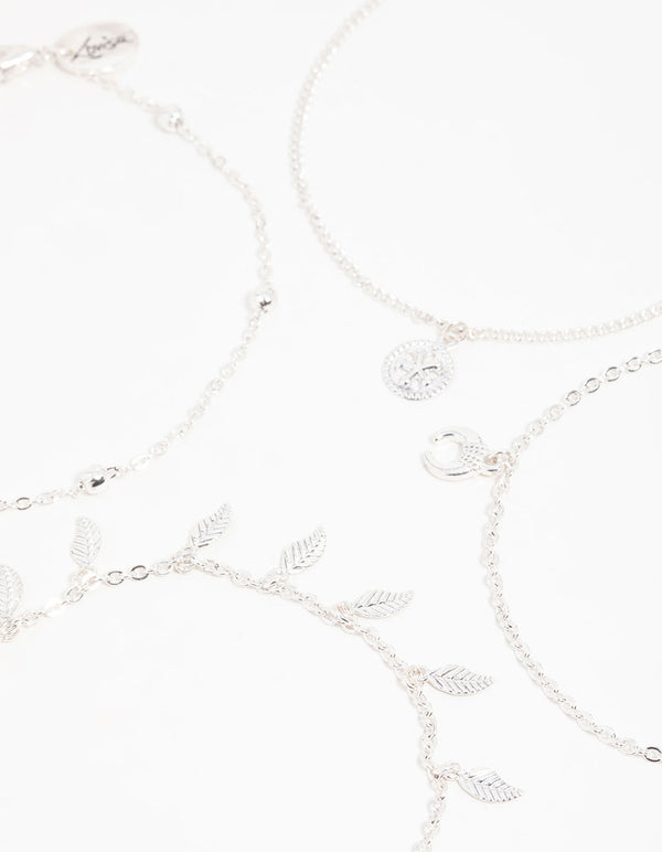 Antique Silver Leaf & Station Anklets 4-Pack