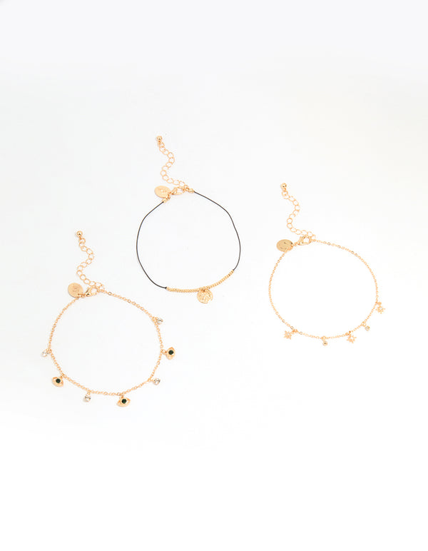 Gold Evil Eye & Coin Chain Anklets 3-Pack
