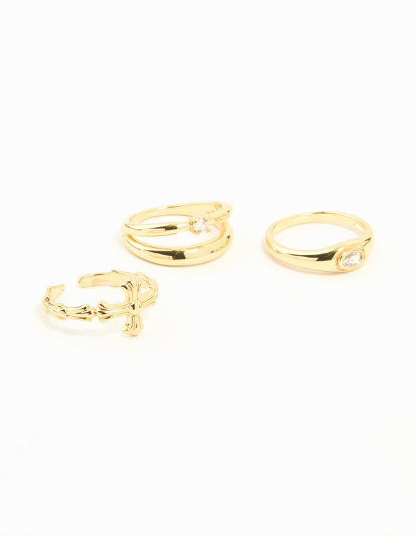 Gold Plated Cross & Diamante Stacking Rings 3-Pack