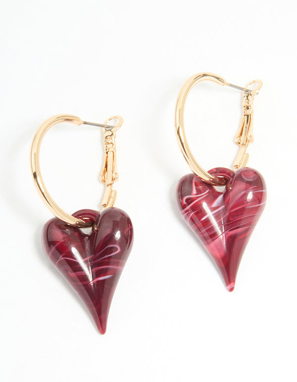 Gold Burgundy Bubble Heart Hoop Earrings
