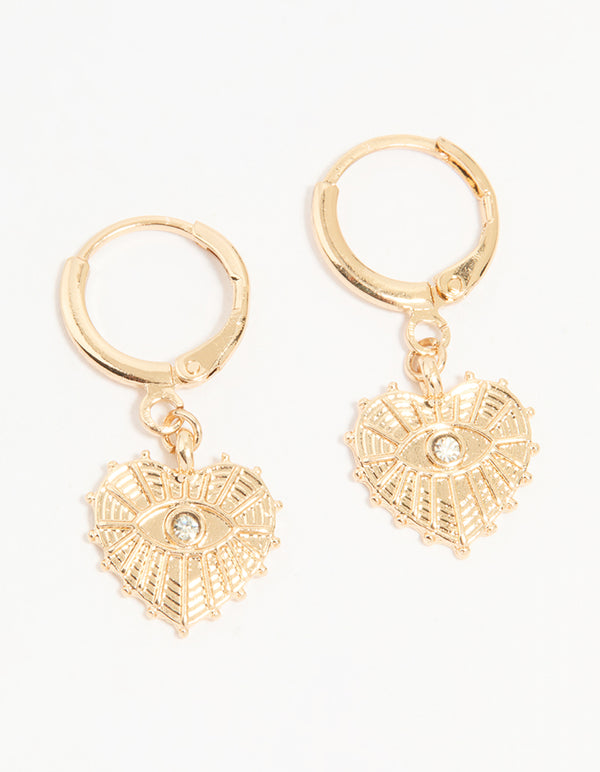 Gold Diamante Heart Drop Huggie Earrings