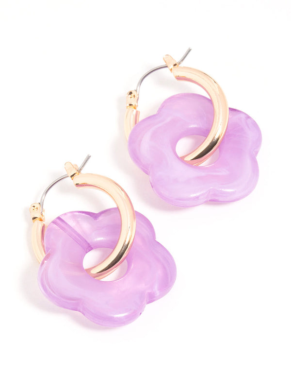 Gold Purple Acrylic Flower Hoop Earrings