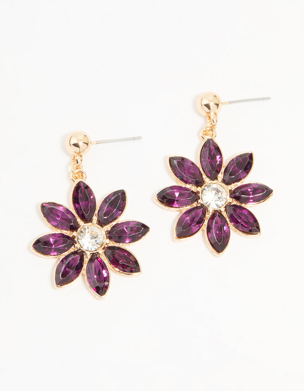 Gold Purple Diamante Flower Drop Earrings