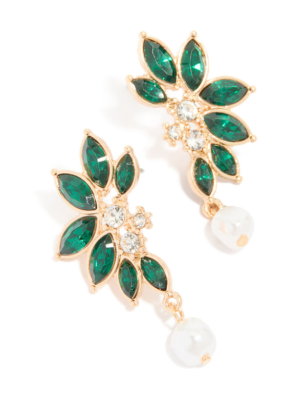 Gold Green Diamante & Pearl Marquise Stud Earrings