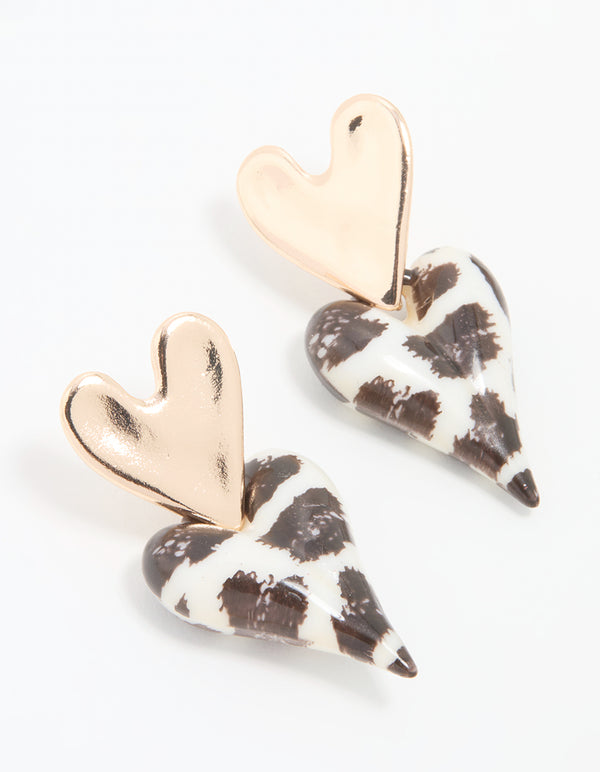 Gold Leopard Print Heart Drop Earrings