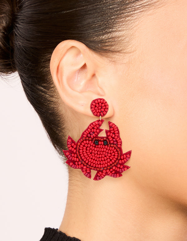 Red Beaded Crab Drop Earrings