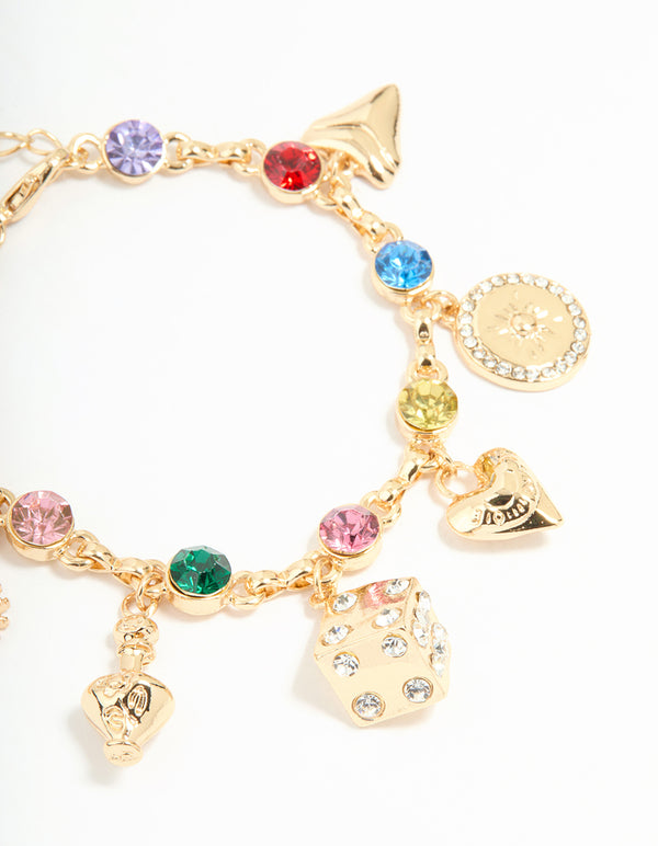 Gold Multicoloured Diamante Heart & Celestial Charm Bracelet