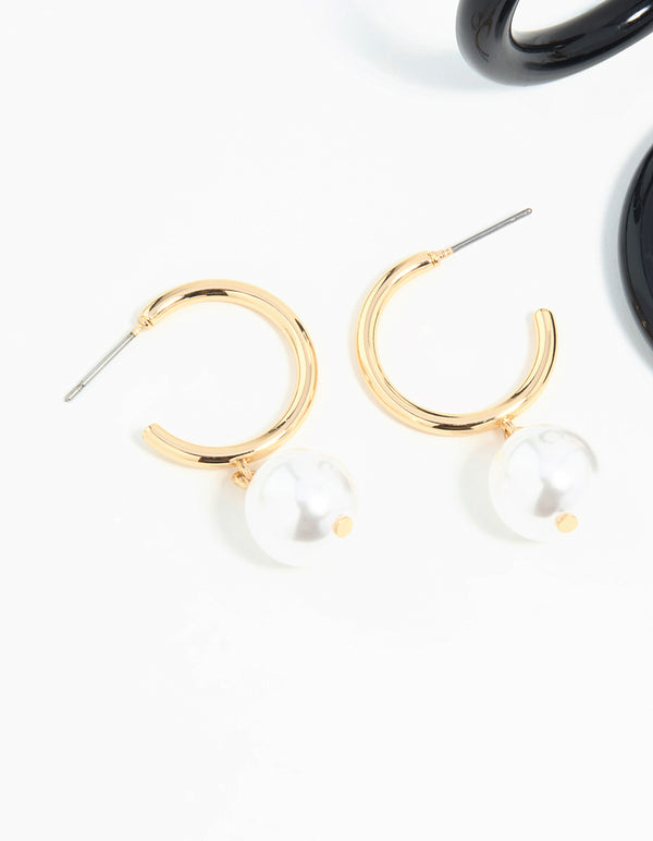 Gold & Dark Blue Pearl Drop Hoop Earrings 3-Pack