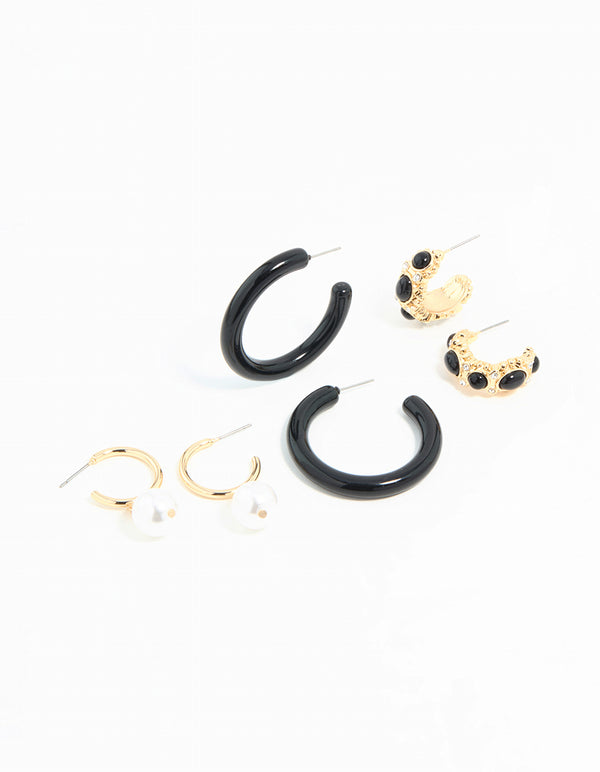 Gold & Dark Blue Pearl Drop Hoop Earrings 3-Pack