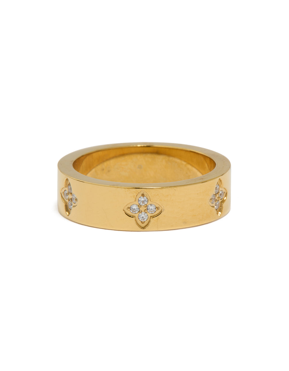 Beautiful waterproof gold plated stainless steel cubic zirconia floral band ring front view
