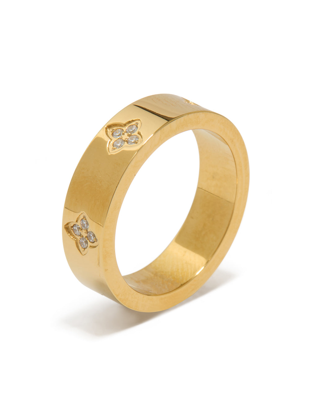 Crafted from waterproof gold plated stainless steel cubic zirconia floral band ring side detail view