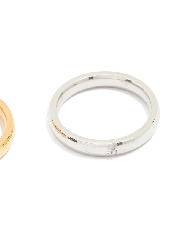 Showcasing waterproof mixed stainless steel dainty rings in a 3-pack featuring gold, silver, and black finishes side detail view