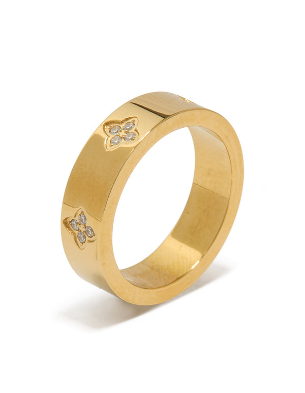 Crafted from waterproof gold plated stainless steel cubic zirconia floral band ring side detail view