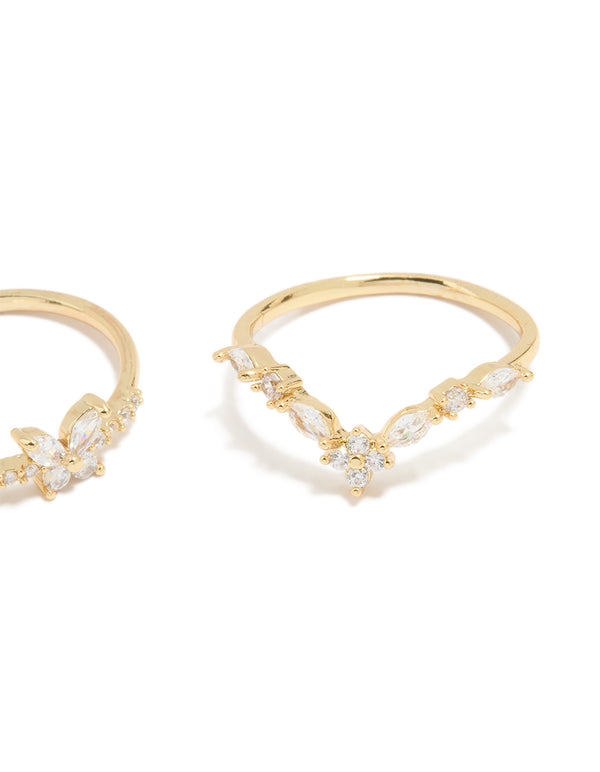 Gold Plated Cubic Zirconia Butterfly & Pointed Rings 3-Pack