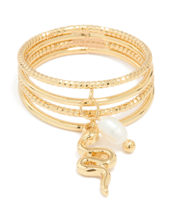 Gold Plated Pearl Snake Layered Ring