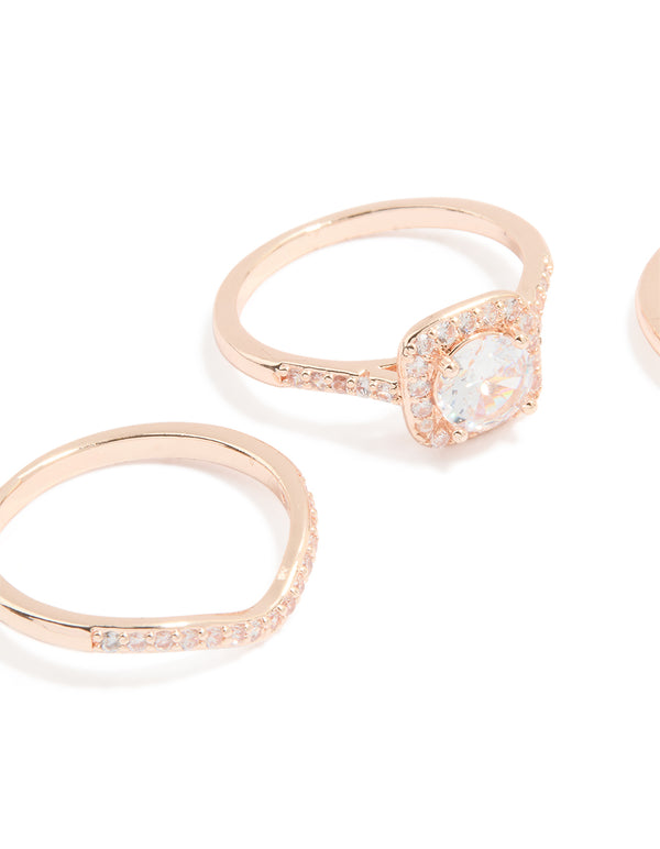 Rose Gold Cubic Zirconia & Pointed Rings 3-Pack