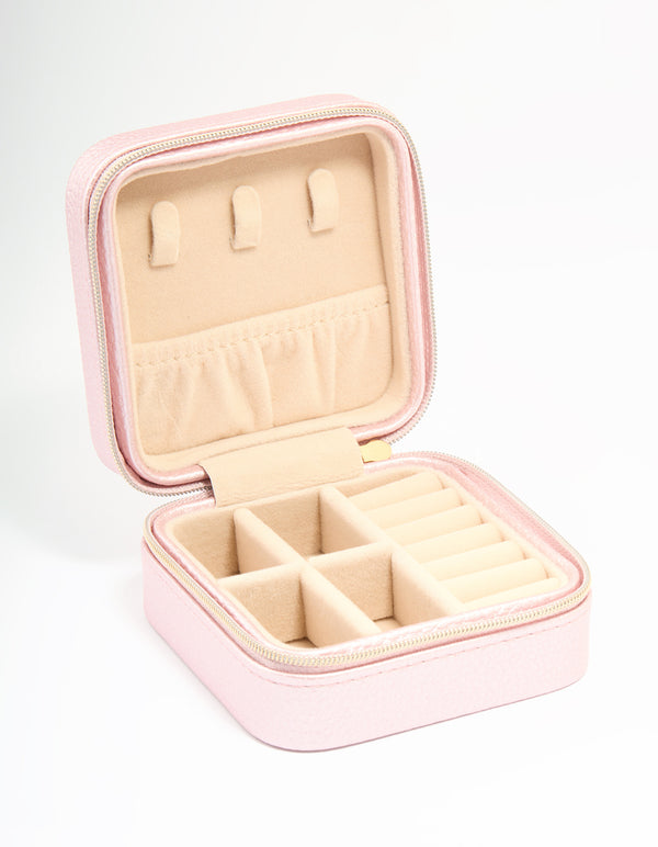 Metallic Pink PU Leather Pebbled Square Jewellery Case