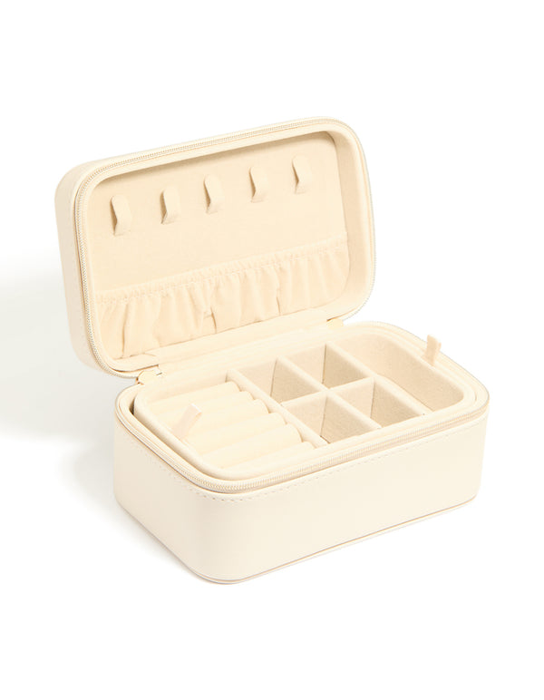 Cream PU Leather Rectangular Layered Jewellery Case