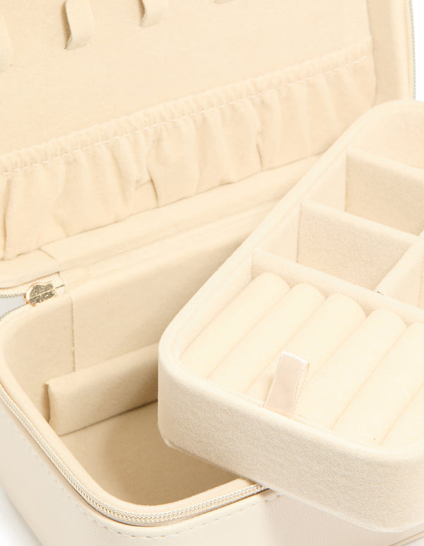 Cream PU Leather Rectangular Layered Jewellery Case