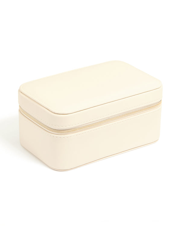 Cream PU Leather Rectangular Layered Jewellery Case