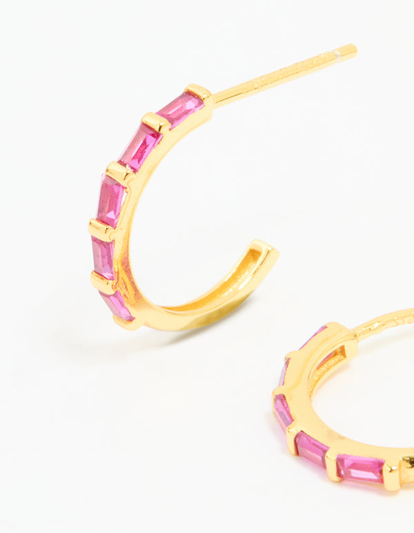 Gold Plated Sterling Silver Pink Cubic Zirconia Hoop Earrings