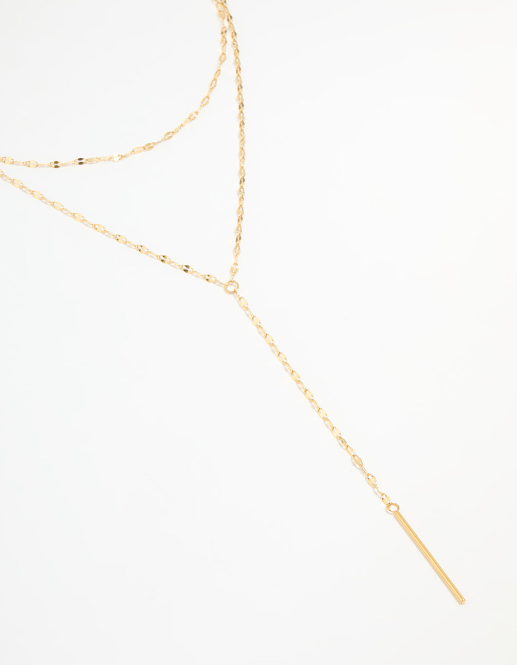 Delicate bar waterproof gold plated stainless steel layered chain Y-necklace close up view