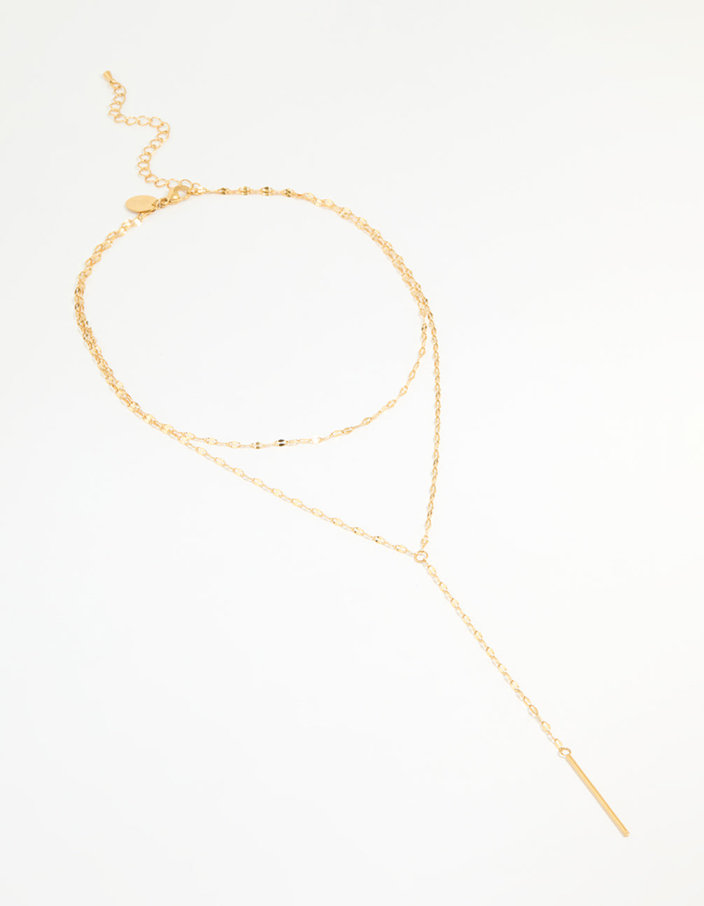 Showcasing a bar waterproof gold plated stainless steel layered chain Y-necklace front view