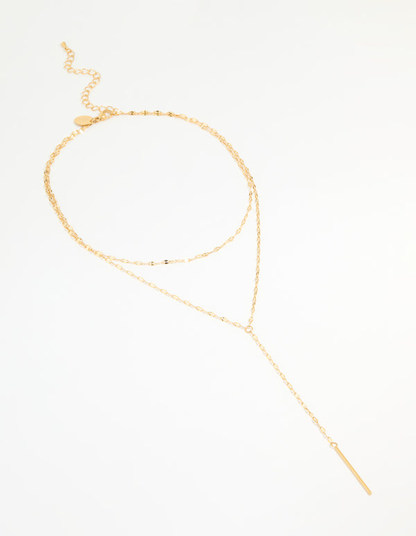 Showcasing a bar waterproof gold plated stainless steel layered chain Y-necklace front view