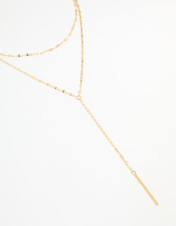 Delicate bar waterproof gold plated stainless steel layered chain Y-necklace close up view
