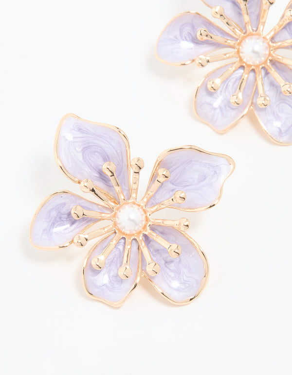 Gold Purple Misshaped Flower Stud Earrings