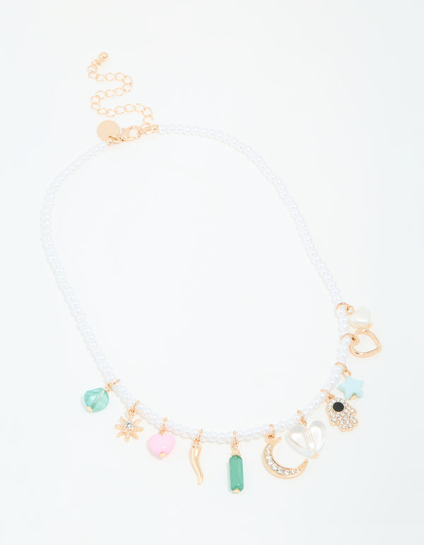Gold Pearl Celestial Charm Necklace